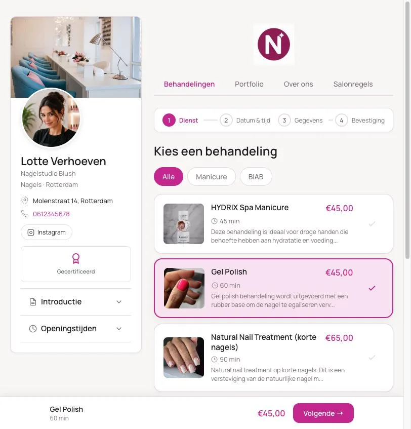 Boekingspagina van Nagelstudio Blush: de klant kiest een behandeling met duur en prijs