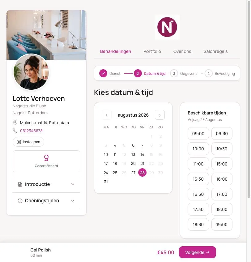 Boekingspagina van Nagelstudio Blush: de klant kiest een datum en een vrij tijdslot