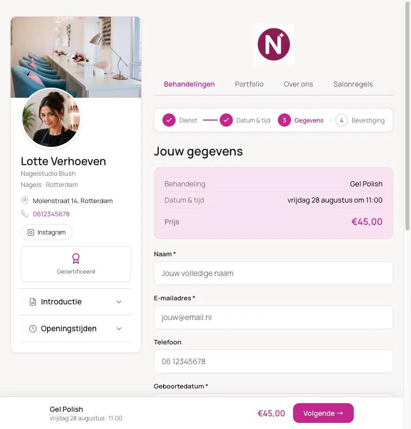 Boekingspagina van Nagelstudio Blush: de klant vult haar gegevens in bij het overzicht van de afspraak