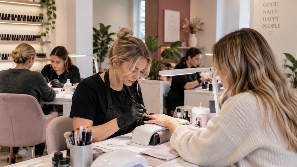 Nagelstyliste behandelt de nagels van een klant aan de nageltafel in een nagelsalon