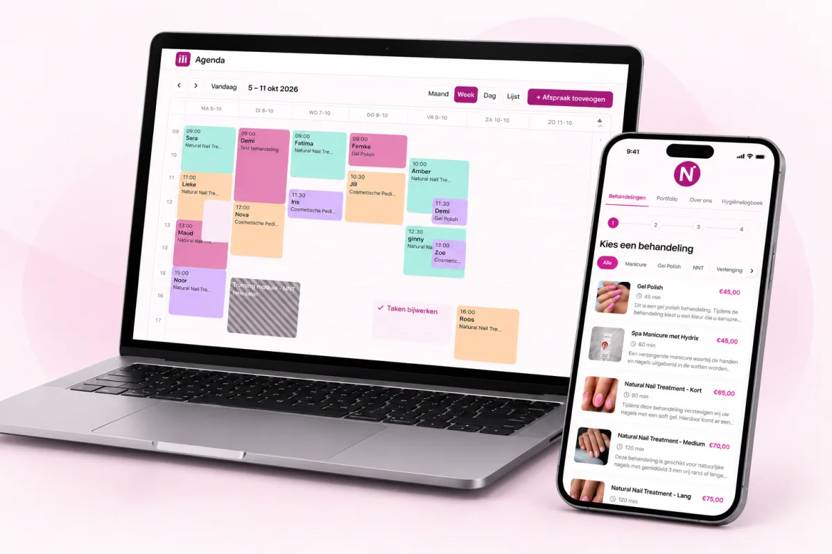 De Nailify-agenda op een laptop en de boekingspagina op een telefoon