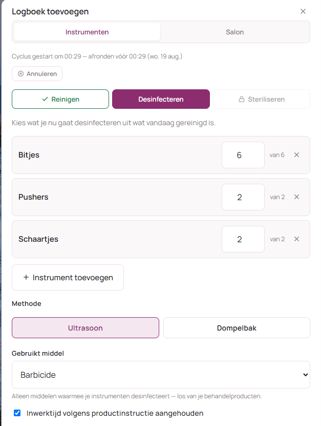Hygiënelogboek: de stap desinfecteren met datum en tijd