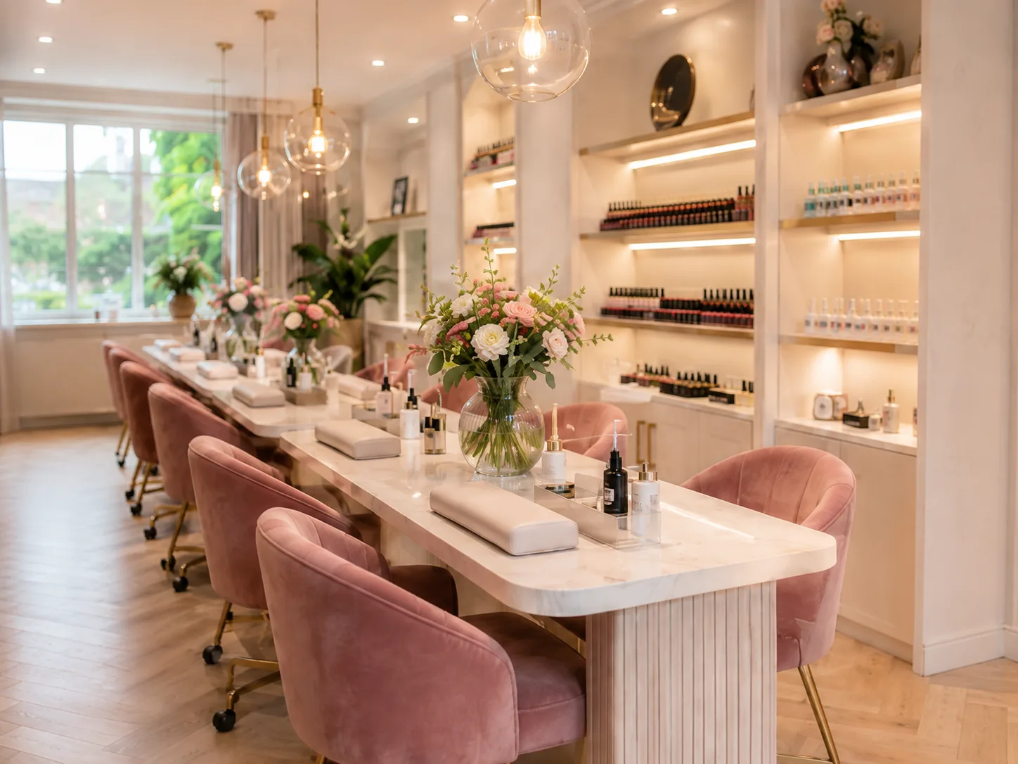 Interieur van een nagelsalon met roze stoelen, een lange marmeren nageltafel en verlichte schappen met nagellak